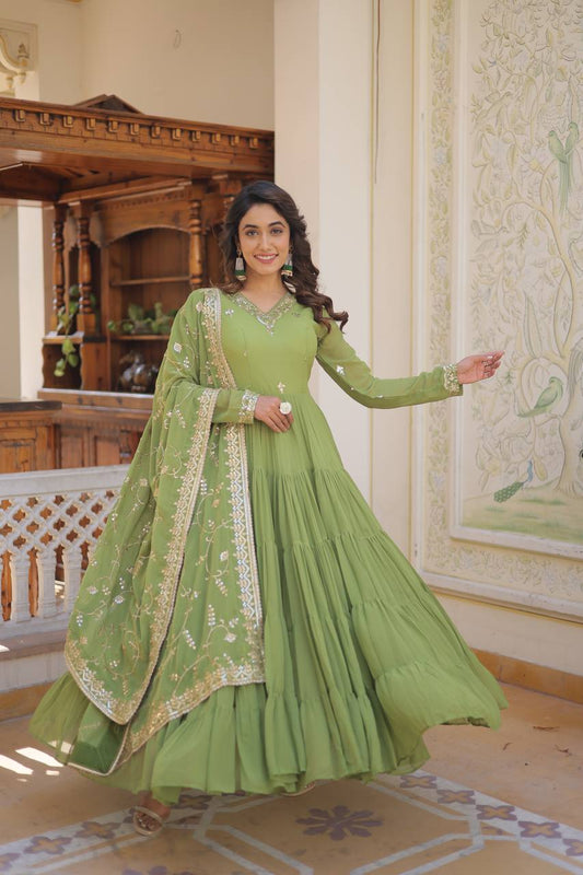 Unique Coloured Faux Georgette with Embroidered work GOWN-WITH-DUPATTA