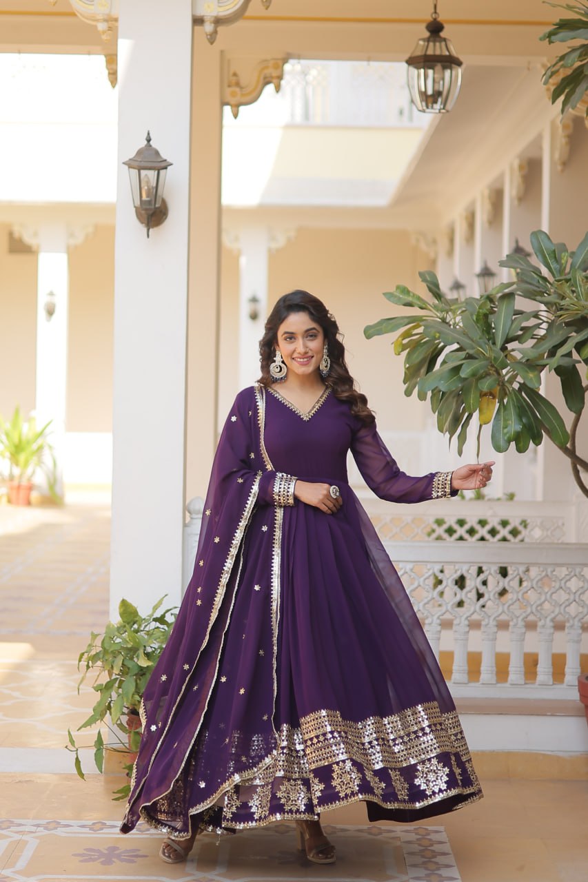 Faux Blooming Gown with Dupatta With Attractive Embroidered Sequins work gown collection