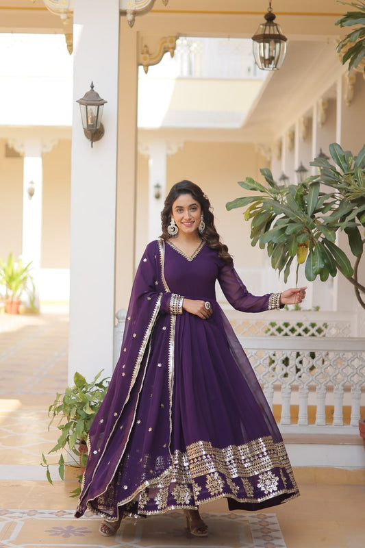 Faux Blooming Gown with Dupatta With Attractive Embroidered Sequins work gown collection