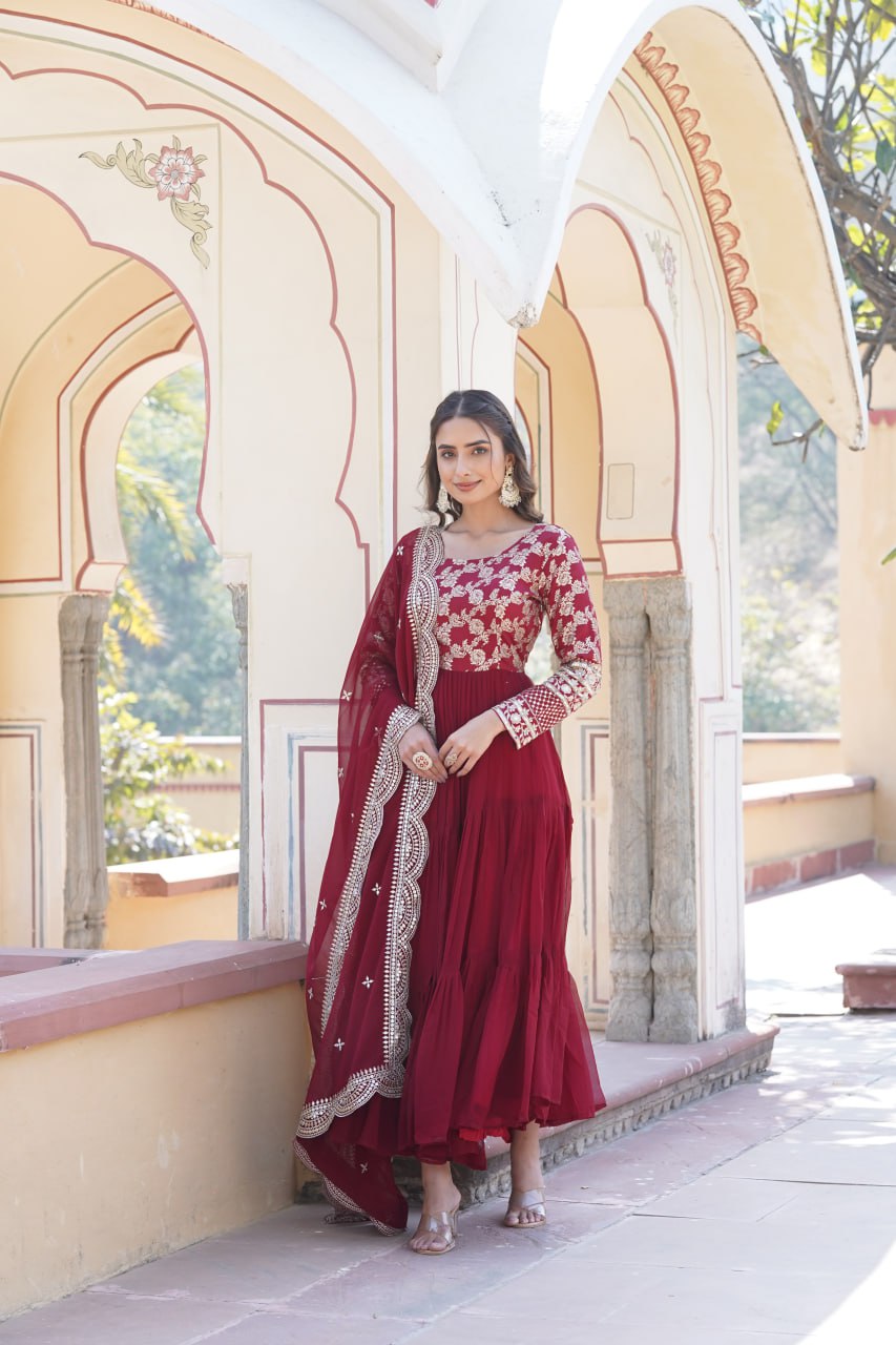 GOWN-DUPATTA COLLECTIONS Viscose Dyable Jacquard With Sequins Embroidered Work Faux Blooming Dupatta