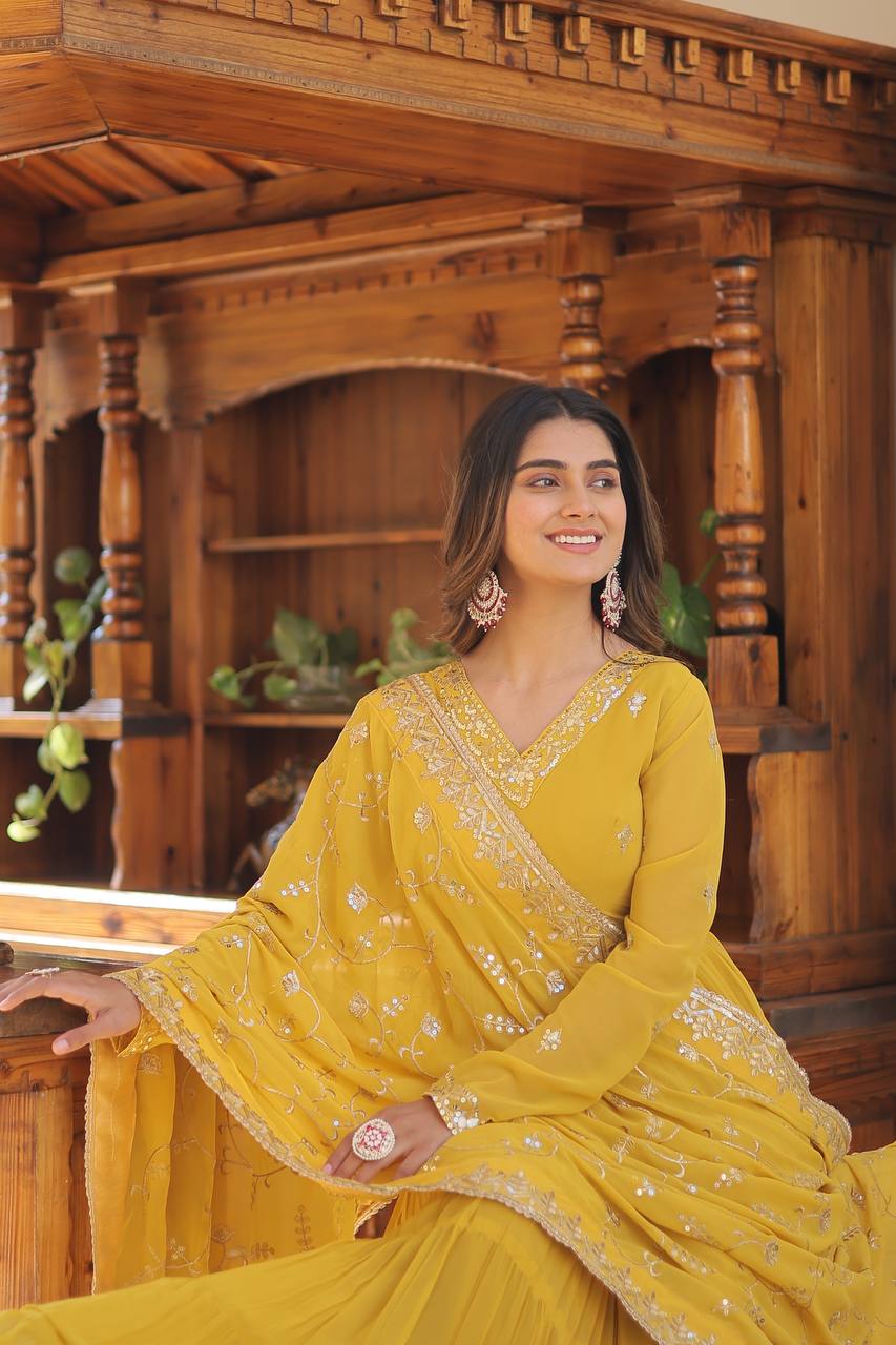 Unique Coloured Faux Georgette with Embroidered work GOWN-WITH-DUPATTA