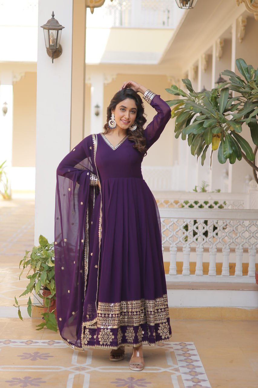 Faux Blooming Gown with Dupatta With Attractive Embroidered Sequins work gown collection