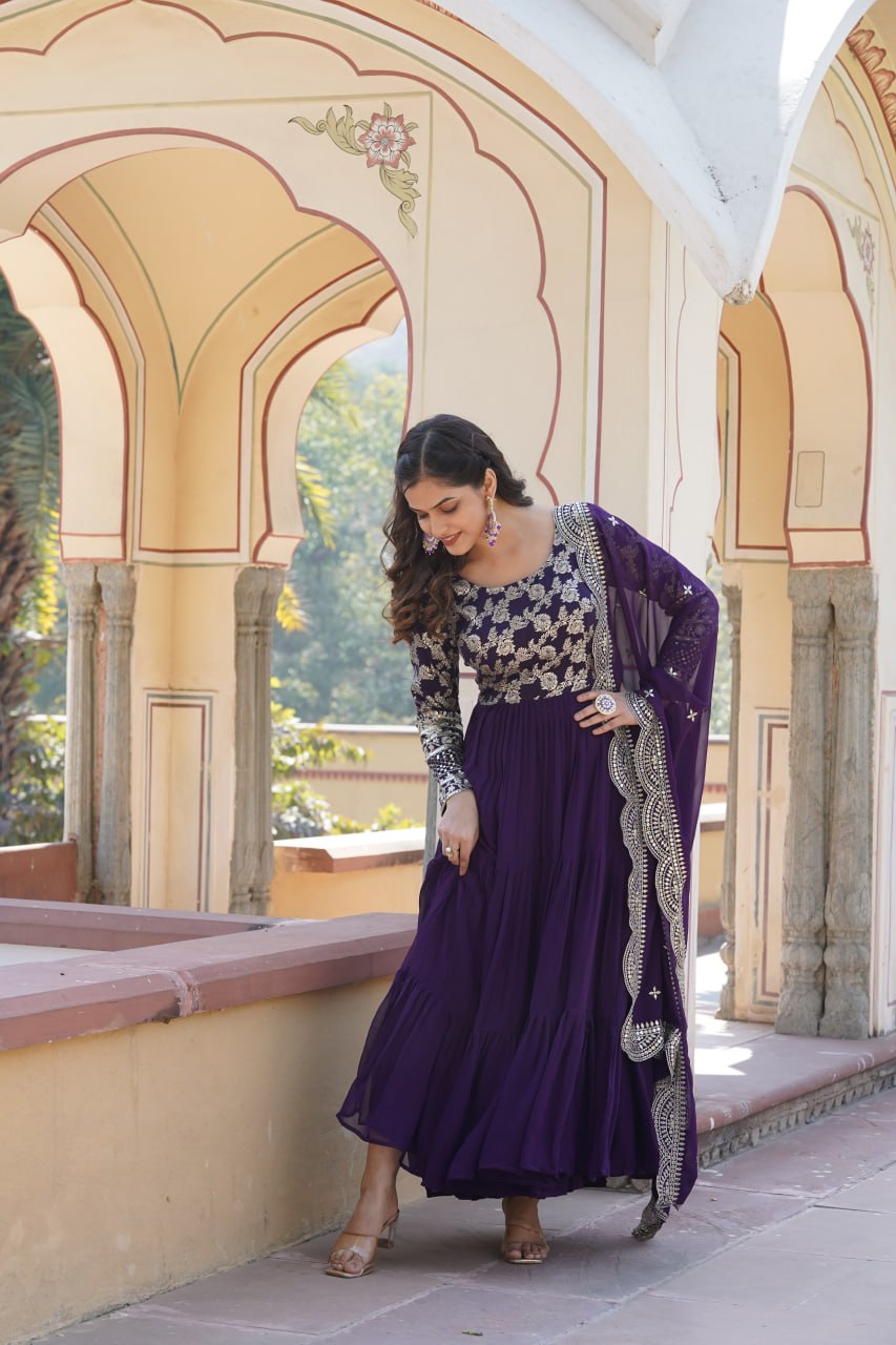 GOWN-DUPATTA COLLECTIONS Viscose Dyable Jacquard With Sequins Embroidered Work Faux Blooming Dupatta