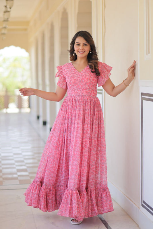 Desirable Women's Full Flaired Gown Made With Faux Georgette Fabrics With Print