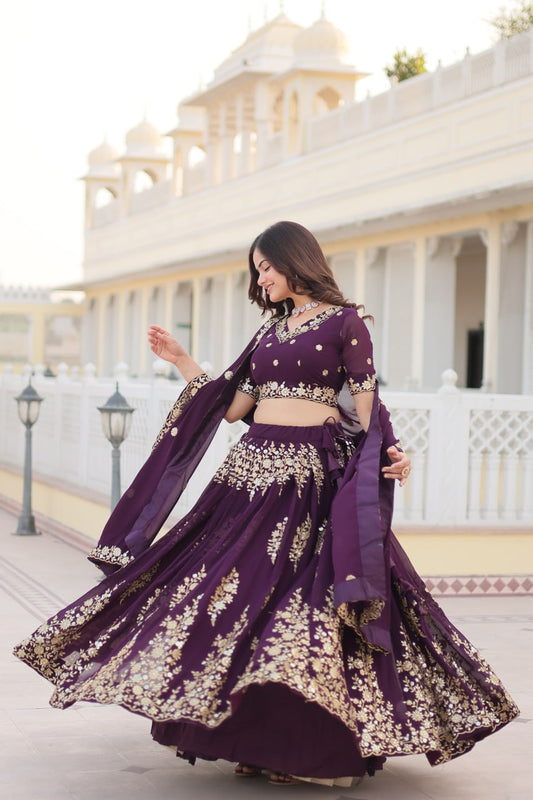 Trending Wine Embroidered Fully Flaired Georgette Lehenga Made with Rich Sequins And Thread Embroidered Work