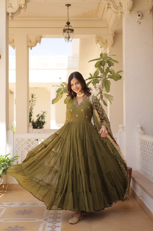Designer Festive Wear Gown featuring Attractive Sequins Embroidery Work  Gown With Dupatta