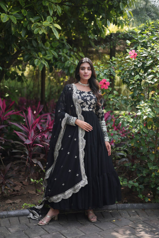 GOWN-DUPATTA COLLECTIONS Viscose Dyable Jacquard With Sequins Embroidered Work Faux Blooming Dupatta