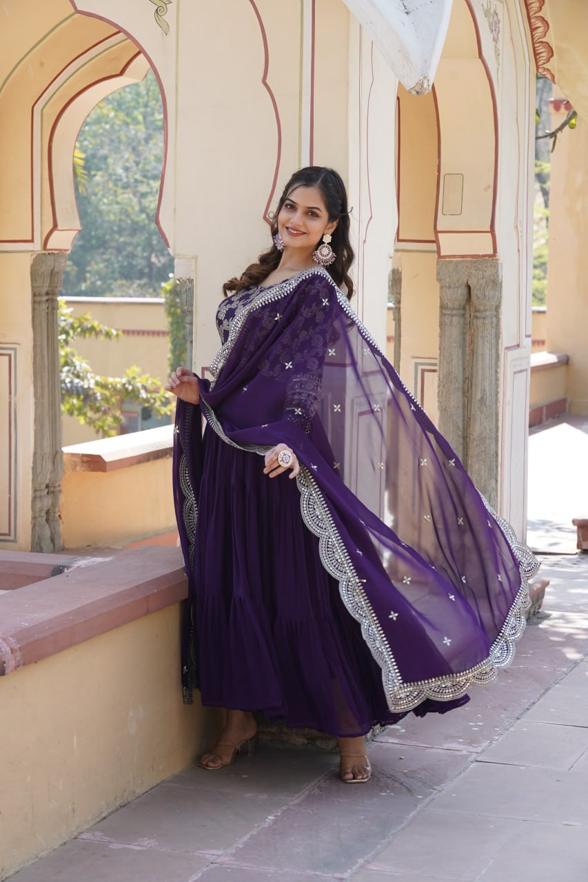 GOWN-DUPATTA COLLECTIONS Viscose Dyable Jacquard With Sequins Embroidered Work Faux Blooming Dupatta
