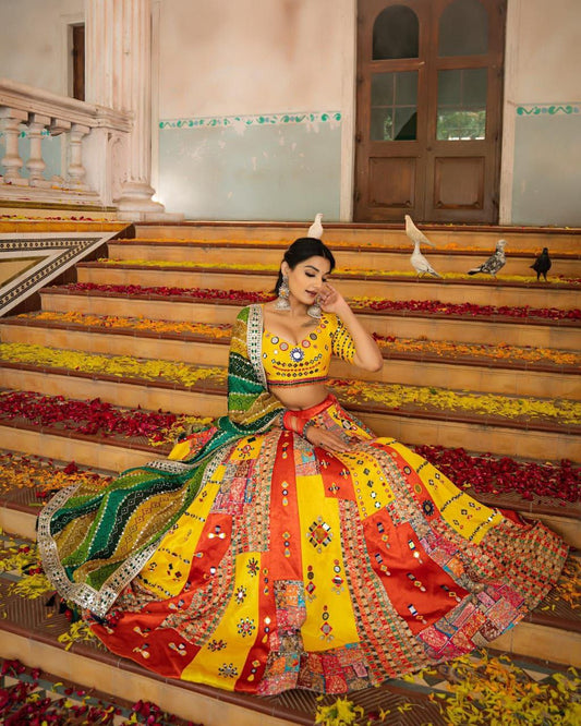 Yellow Designer Printed Choli With Mirror Work At Butter Silk