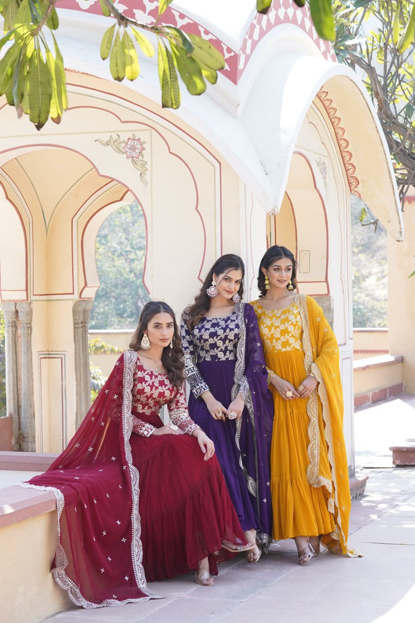 GOWN-DUPATTA COLLECTIONS Viscose Dyable Jacquard With Sequins Embroidered Work Faux Blooming Dupatta