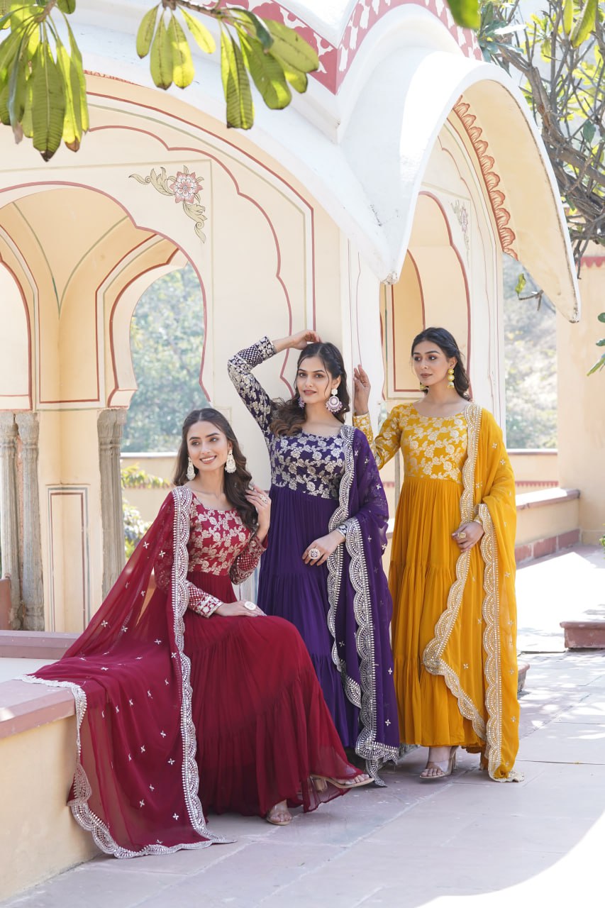 GOWN-DUPATTA COLLECTIONS Viscose Dyable Jacquard With Sequins Embroidered Work Faux Blooming Dupatta