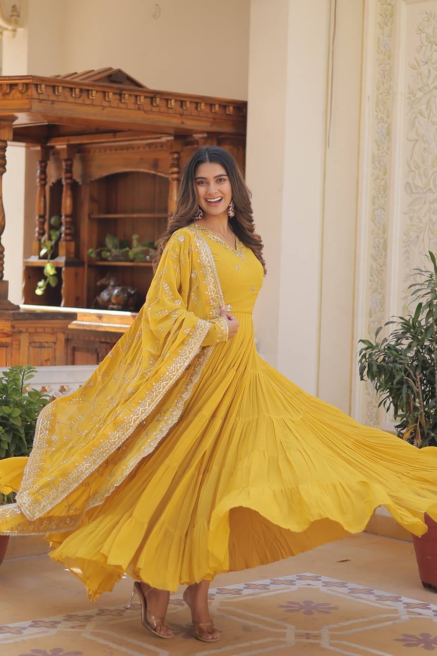 Unique Coloured Faux Georgette with Embroidered work GOWN-WITH-DUPATTA