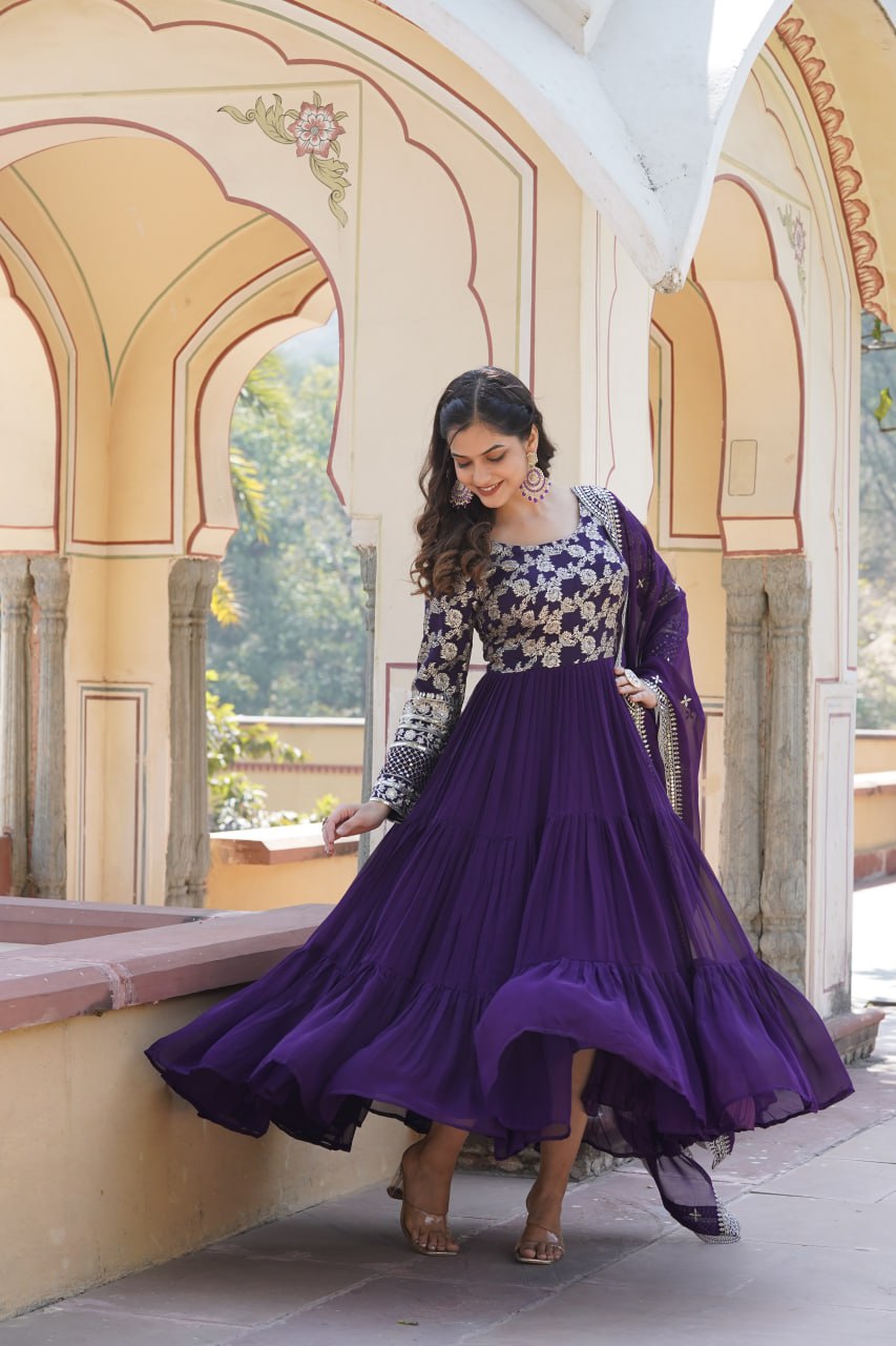 GOWN-DUPATTA COLLECTIONS Viscose Dyable Jacquard With Sequins Embroidered Work Faux Blooming Dupatta
