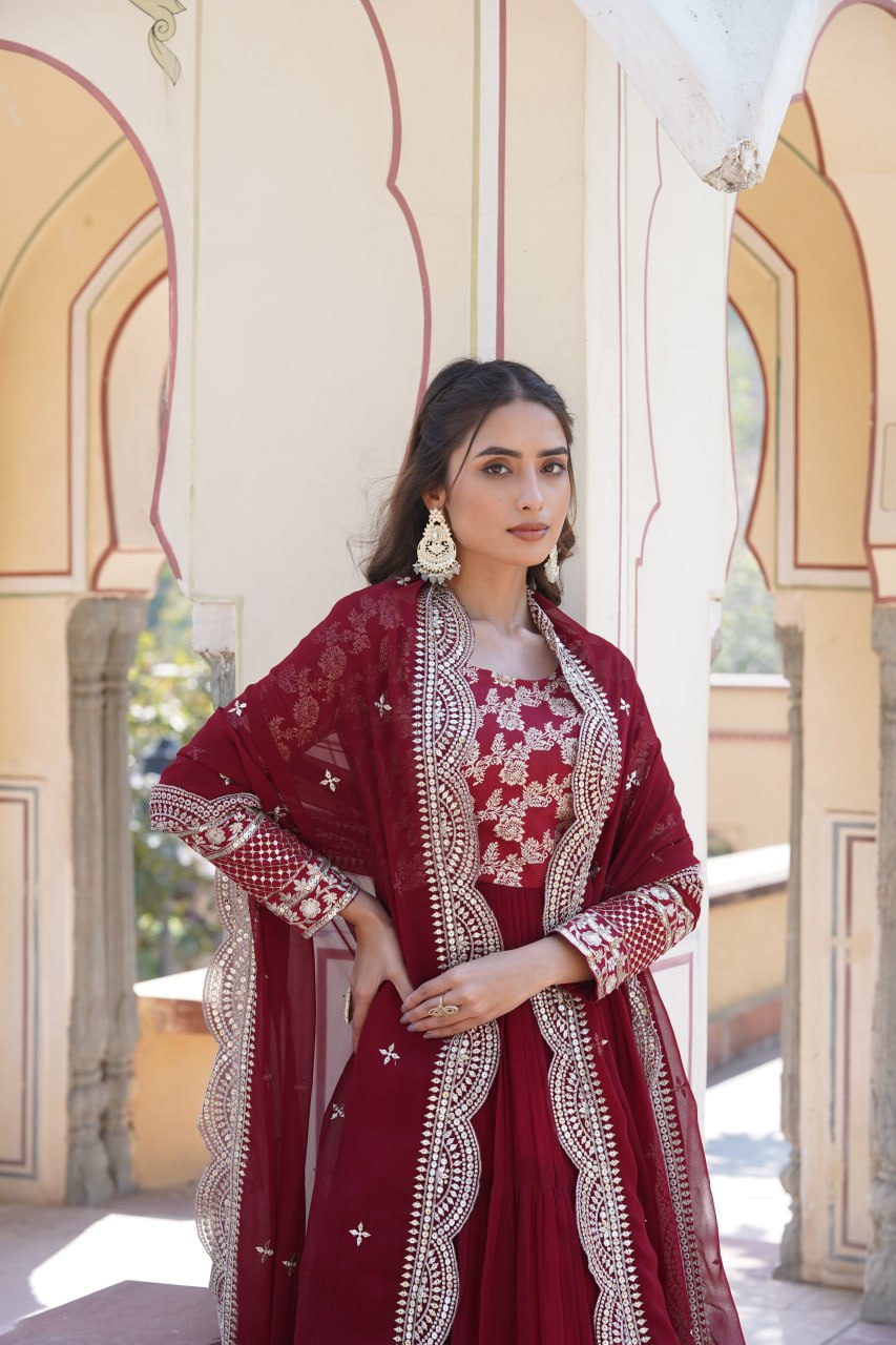GOWN-DUPATTA COLLECTIONS Viscose Dyable Jacquard With Sequins Embroidered Work Faux Blooming Dupatta