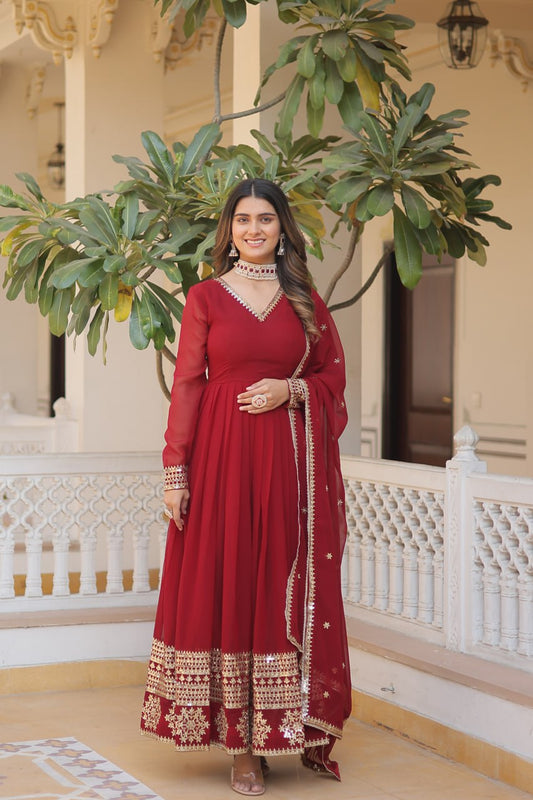 Faux Blooming Gown with Dupatta With Attractive Embroidered Sequins work gown collection