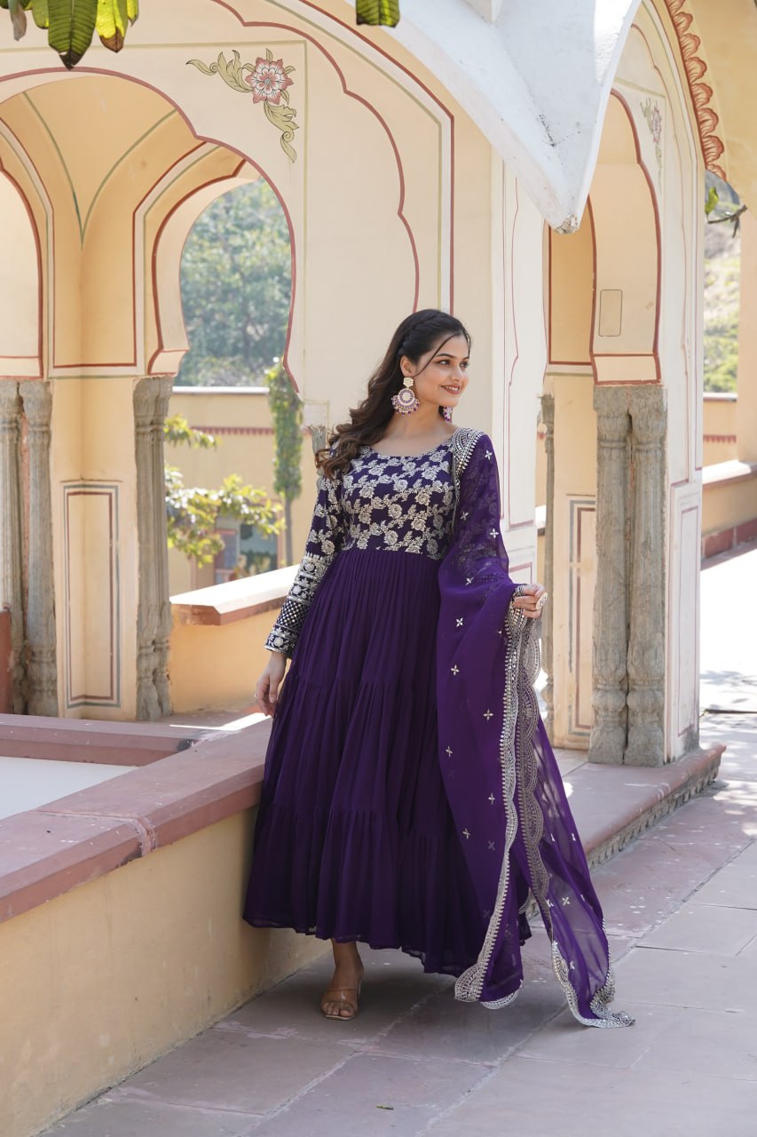 GOWN-DUPATTA COLLECTIONS Viscose Dyable Jacquard With Sequins Embroidered Work Faux Blooming Dupatta