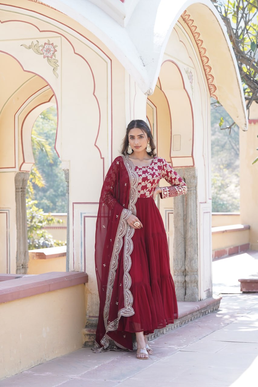 GOWN-DUPATTA COLLECTIONS Viscose Dyable Jacquard With Sequins Embroidered Work Faux Blooming Dupatta