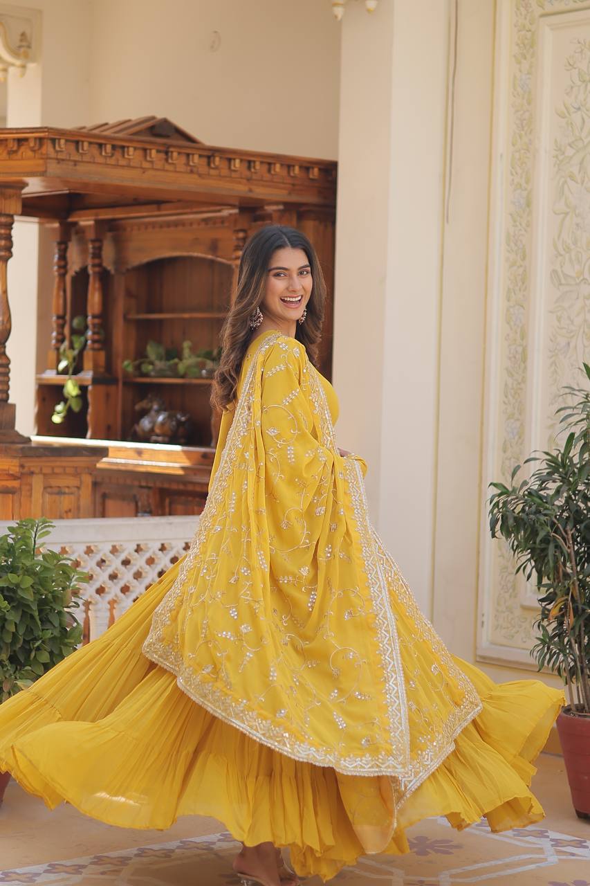 Unique Coloured Faux Georgette with Embroidered work GOWN-WITH-DUPATTA