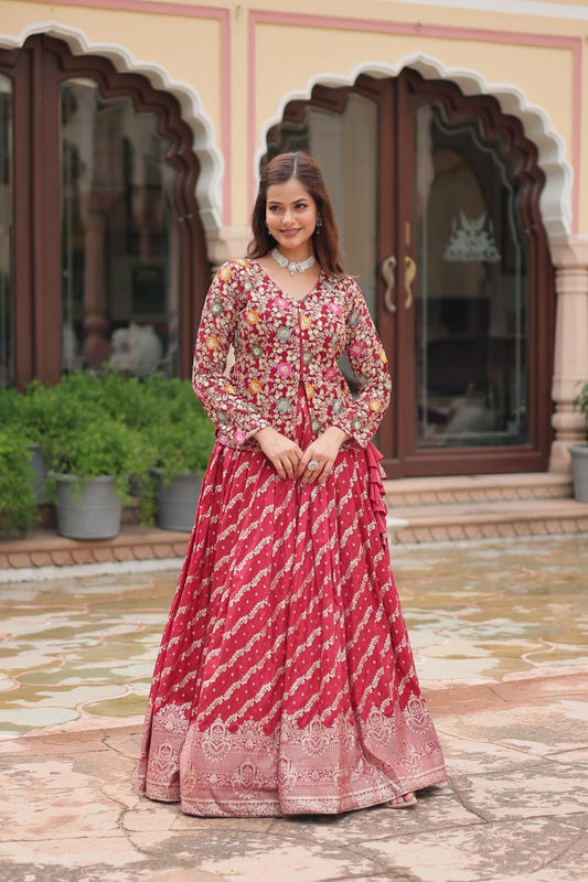 Trending Fashionable Co-ord  Set with  Rich Thread-Sequins Embroidered work Blouse and Dayble Viscose Lehenga