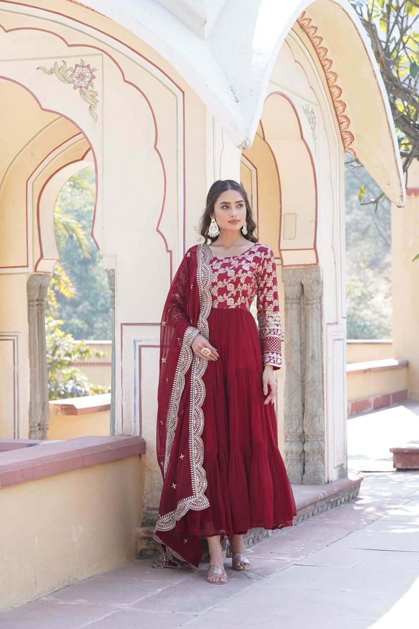 GOWN-DUPATTA COLLECTIONS Viscose Dyable Jacquard With Sequins Embroidered Work Faux Blooming Dupatta