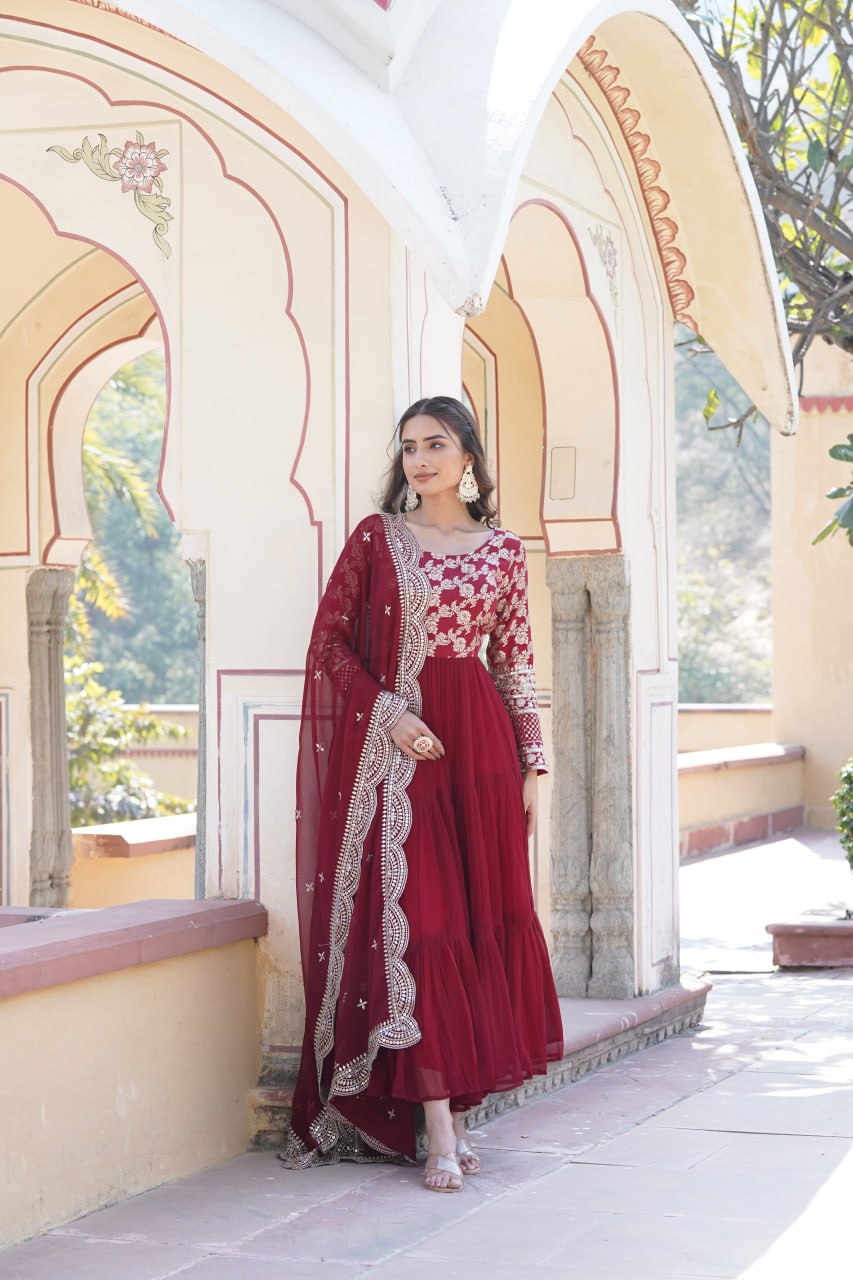 GOWN-DUPATTA COLLECTIONS Viscose Dyable Jacquard With Sequins Embroidered Work Faux Blooming Dupatta