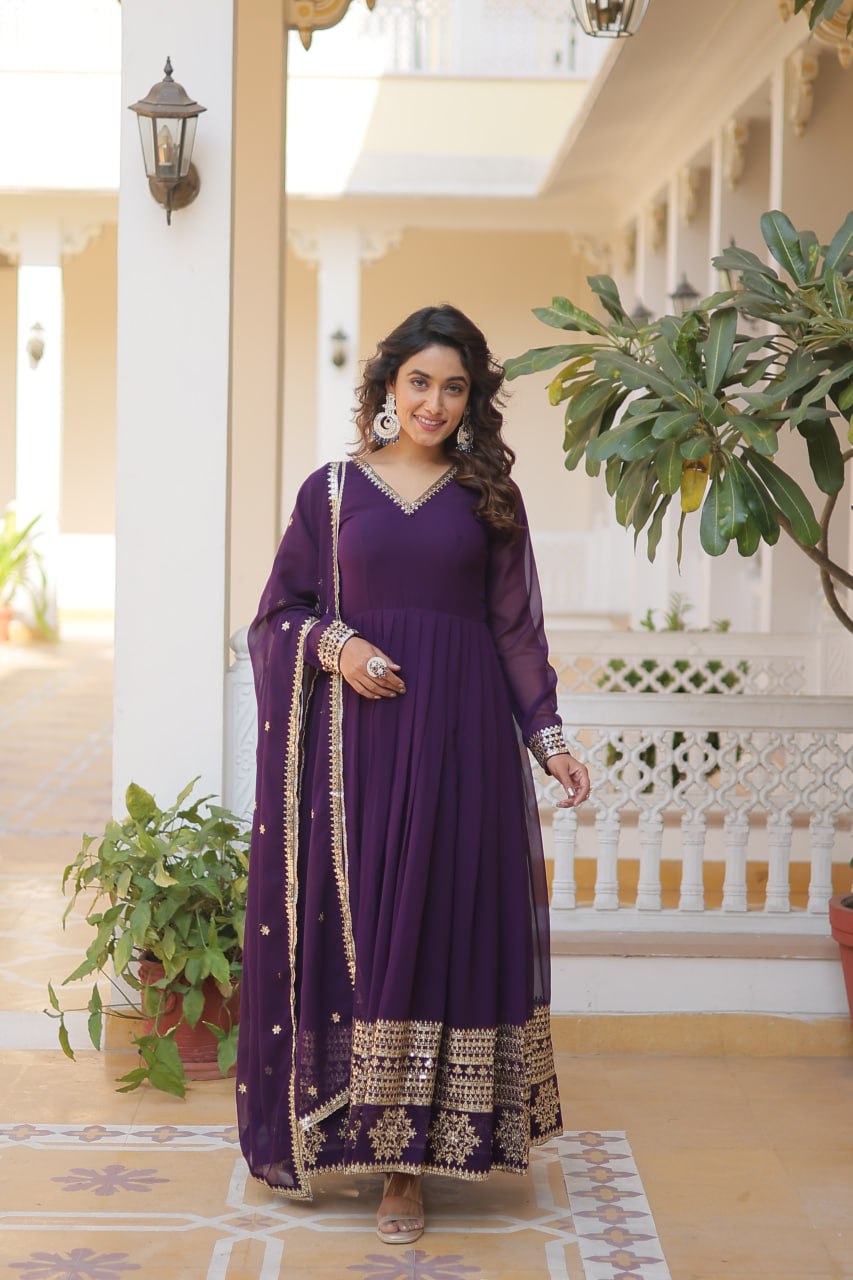 Faux Blooming Gown with Dupatta With Attractive Embroidered Sequins work gown collection