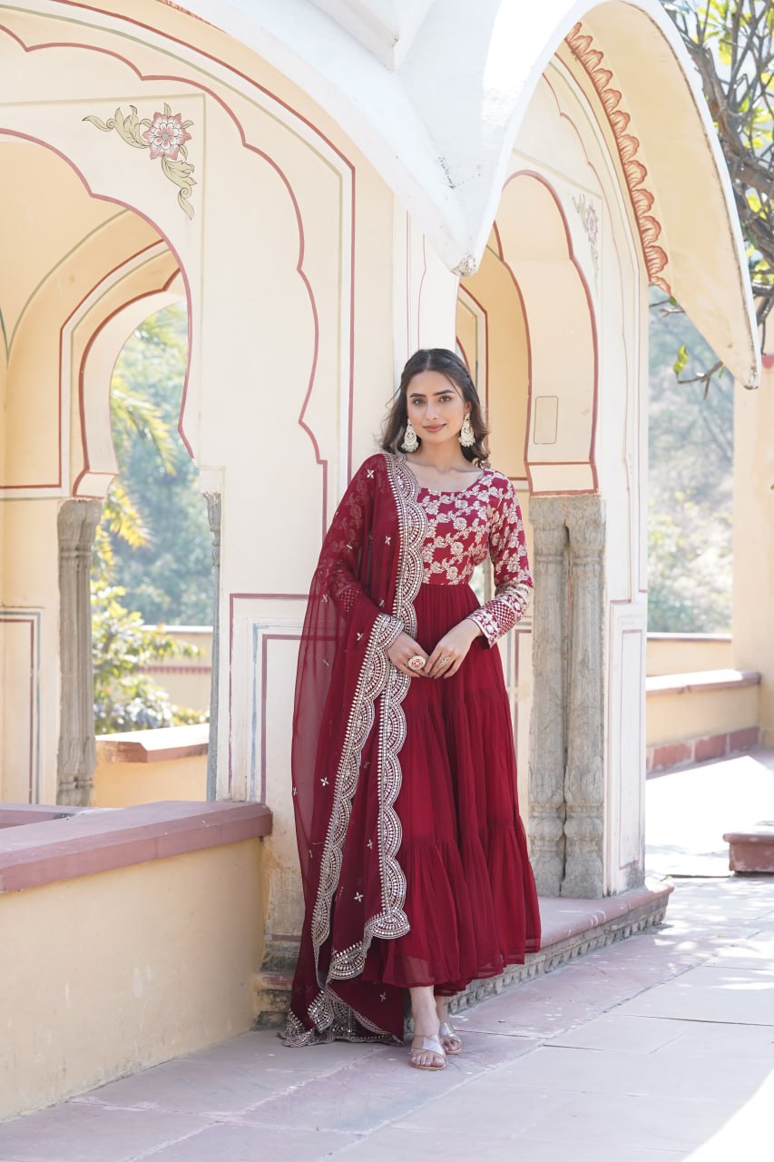 GOWN-DUPATTA COLLECTIONS Viscose Dyable Jacquard With Sequins Embroidered Work Faux Blooming Dupatta