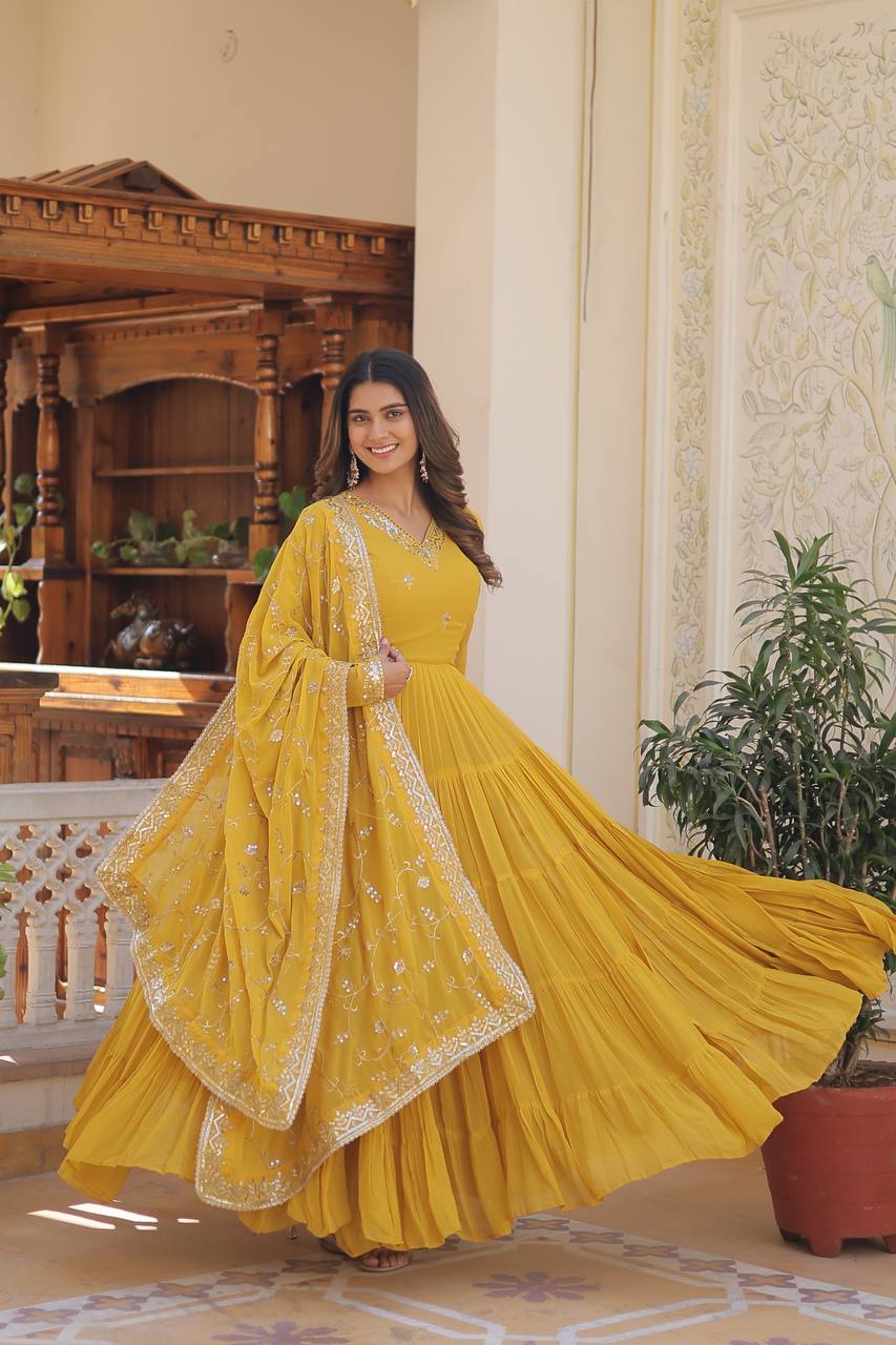Unique Coloured Faux Georgette with Embroidered work GOWN-WITH-DUPATTA